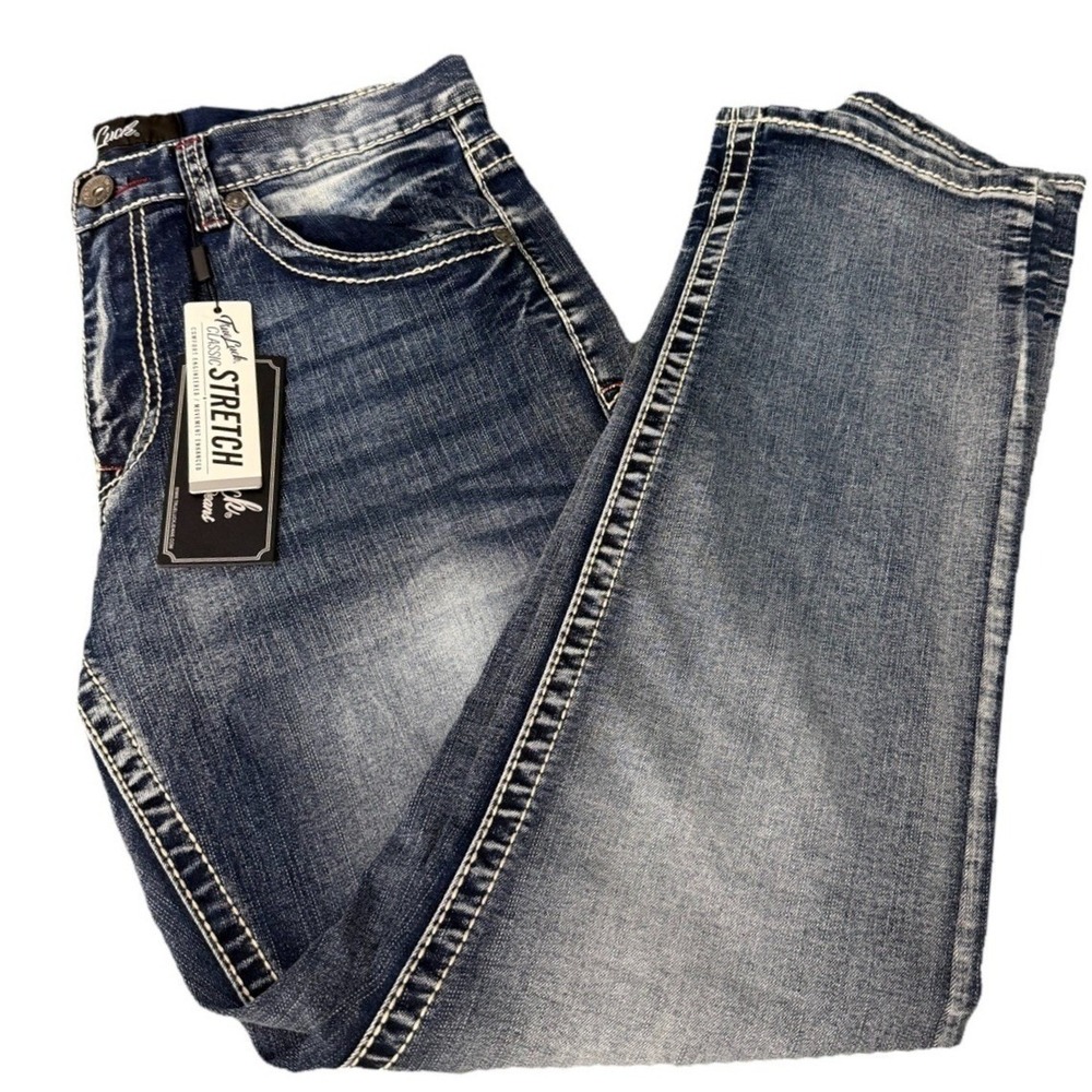 True Luck Men's Straight Leg Jeans Size 34x30 Red Thick Stitched Pockets New